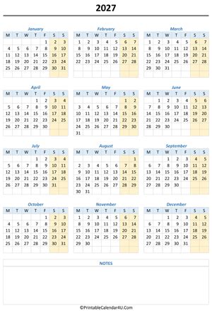 Printable Yearly Calendar 2027