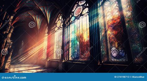 Sunlight Shines Through High Stained Glass Windows In Church Stock Illustration Illustration