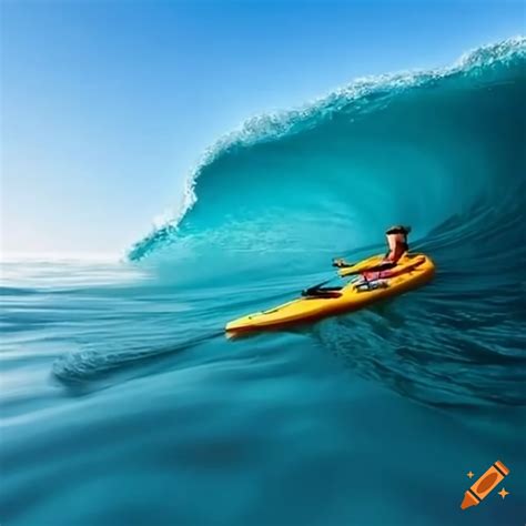 Kayaker Surfing A Huge Wave Into The Shore On Craiyon