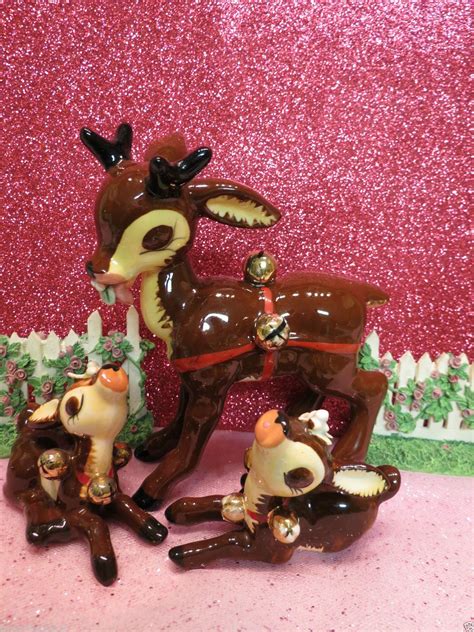 Vintage Napco Christmas Reindeer Fawn Deer Set Of 3 W Gold Jingle Bells Eating Christmas