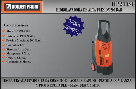 Dowen Pagio Hidrolavadora Alta Presion 200 Bar 1900 W Centro De