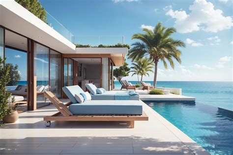 Premium Ai Image Sea View Swimming Pool Beside Terrace And Bed In