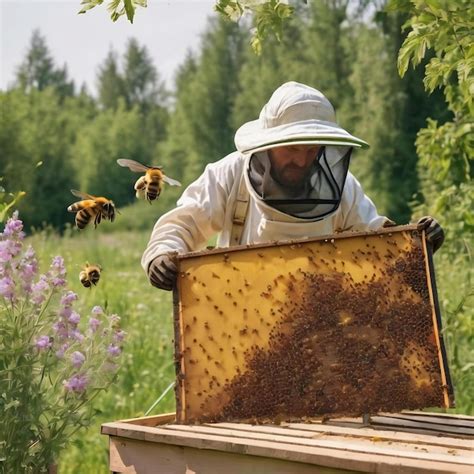 Premium AI Image Winged Bee Slowly Flies To Beekeeper Collect Nectar