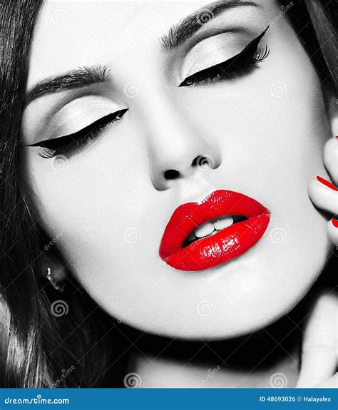 Woman With Red Lips Stock Photo Image Of Beautiful Glance