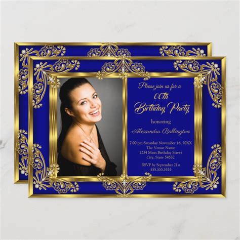 Elegant Photo Birthday Party Royal Blue Gold Gems Invitation Zazzle