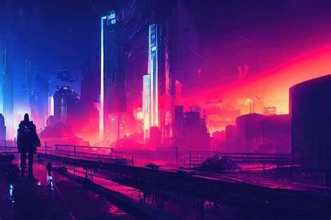 Fundo Colorido Da Cidade Do Metaverso Cyberpunk Arte Conceitual Pintura