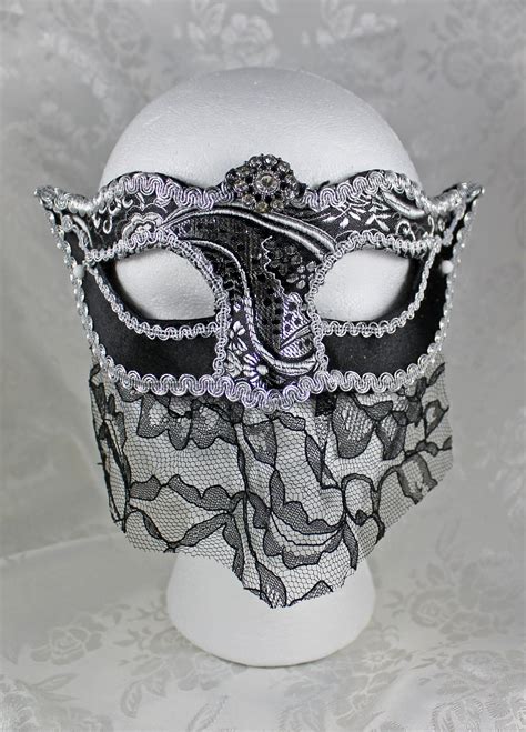 Black Silver Metallic Brocade And Black Satin Masquerade Mask With Veil