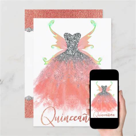 Fairy Wing Gown Coral Mint Sparkle Luxury Glam Invitation Zazzle