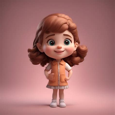 Ilustración en 3D de una niña linda con el pelo largo en un vestido