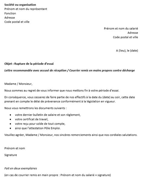 Lettre De Fin De Période Dessai Modèle Word La Bonne Formulation