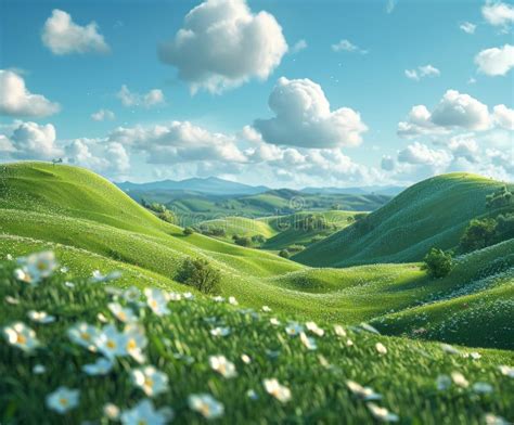 Rolling Green Hills And Flowers Under Sunny Sky Stock Illustration