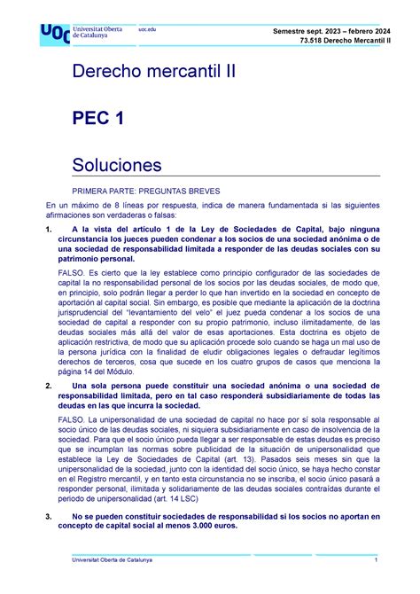 73 SOLUCION DE LA PEC Derecho Mercantil II PEC 1 Soluciones PRIMERA