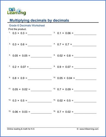 Grade 6 Math Worksheet Decimals Multiplying Decimals By Decimals