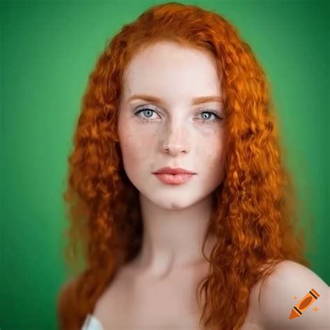 Gorgeous Ginger Woman With Freckles Portrait Green Background