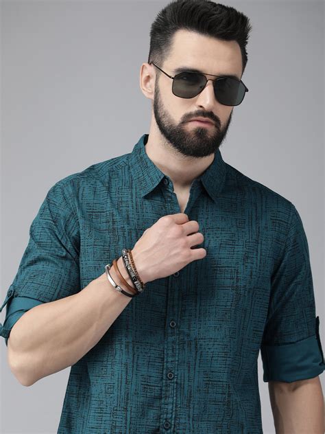 Buy Roadster Men Teal Blue Pure Cotton Abstract Printed Casual Shirt