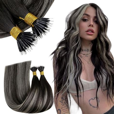 Runature Nano Bead Hair Extensions Human Hair For Women Black To Sliver 14 Inch