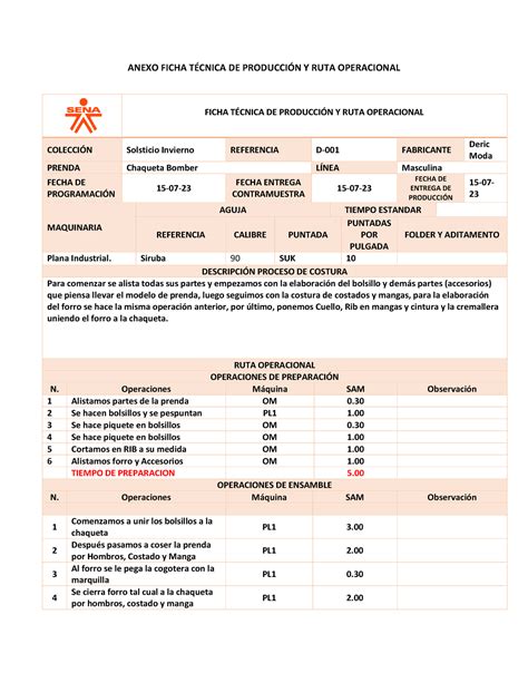 Anexo Ficha Tecnica De Produccion Prendas Tejido Plano Ruta Operacional