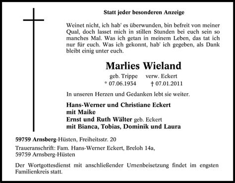 Traueranzeigen Von Marlies Wieland Trauer In Nrw De