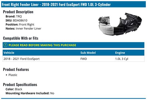 2018 2021 Ford Ecosport Fender Liner Trq Bda08610 Front Right