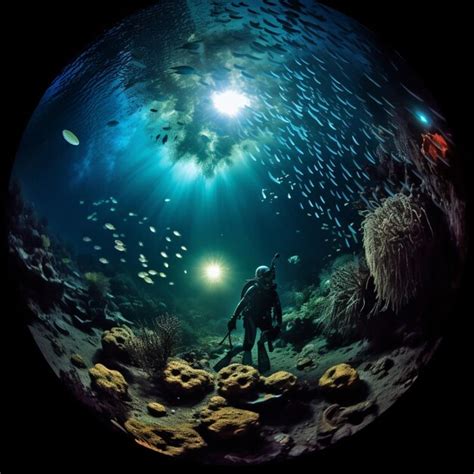 Premium AI Image A Diver Exploring Near A Coral Reef At Night