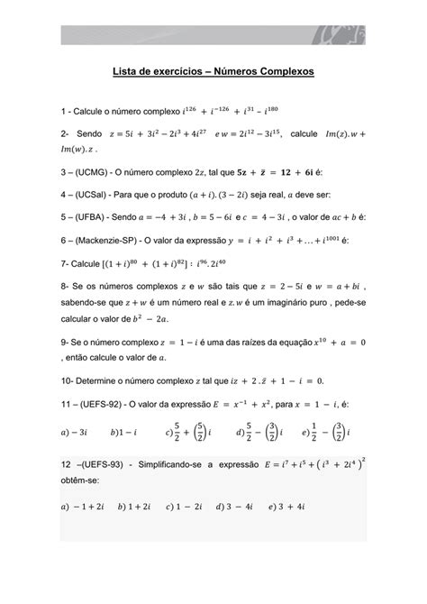 Lista De Exerc Cios N Meros Complexos