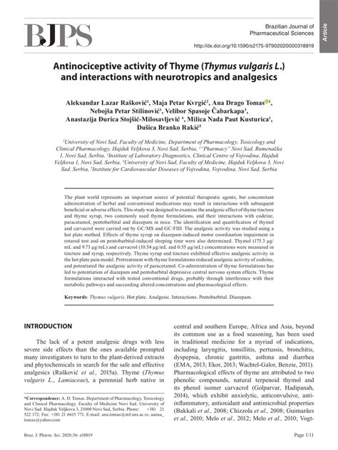 PDF Antinociceptive Activity Of Thyme Thymus Vulgaris L And