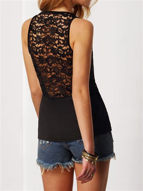 Black Crew Neck Lace Back Tank Top Shein Sheinside