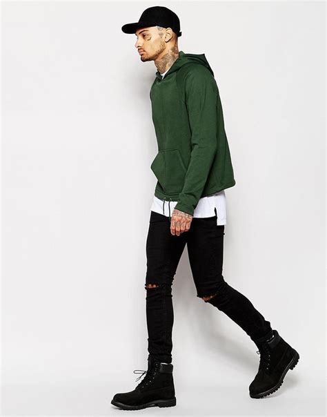 Asos Oversized Cropped Hoodie With Drawstring And Zips In Green At Cropped Hoodie