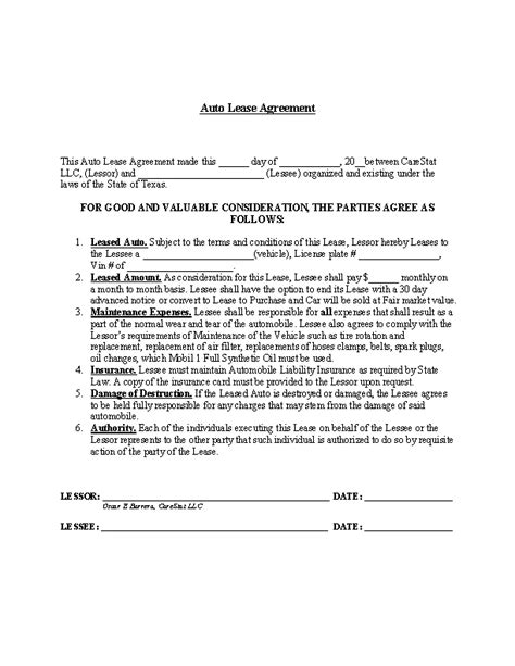 Sample Car Lease Agreement Pdfsimpli