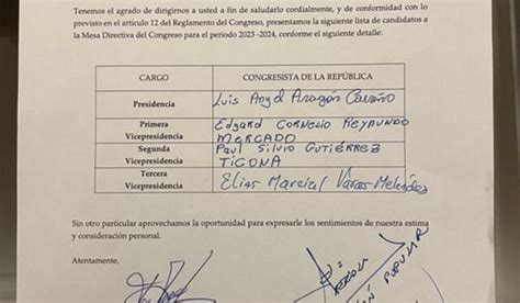 Mesa Directiva Del Congreso Presentan Segunda Lista Liderada Por Luis