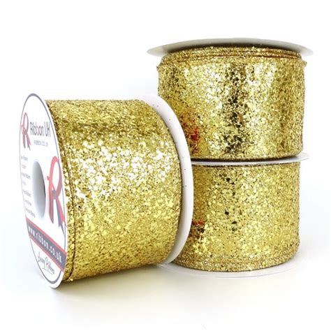 Very Glittery Gold Wired Ribbon 63mm X 10 Yards Ribbon Uk