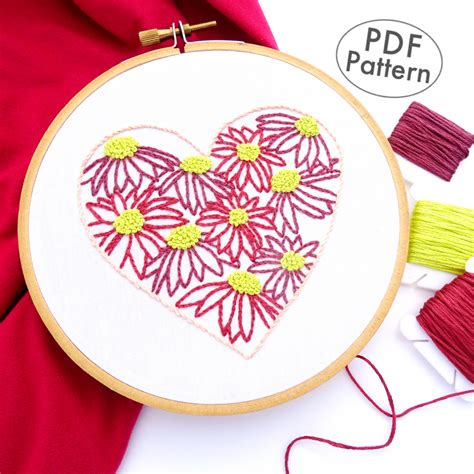 Flower Heart Hand Embroidery Pattern - Wandering Threads Embroidery