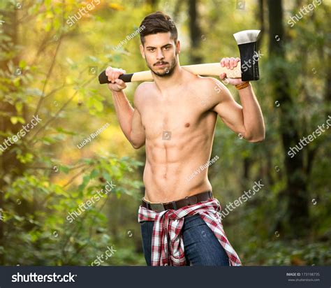 Sexy Lumberjack Forest Shirtless Manual Worker Stock Photo 173198735