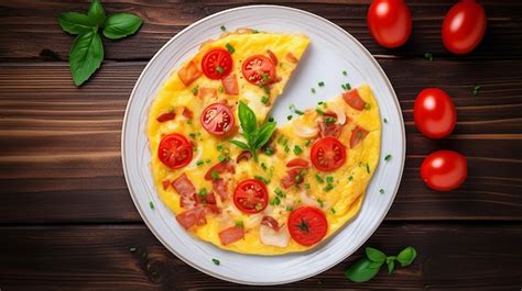 Premium Photo Omelets With Tomatoes Ham Cheese And Corn Salad