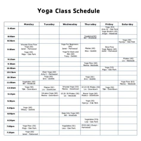 Yoga Schedule Template