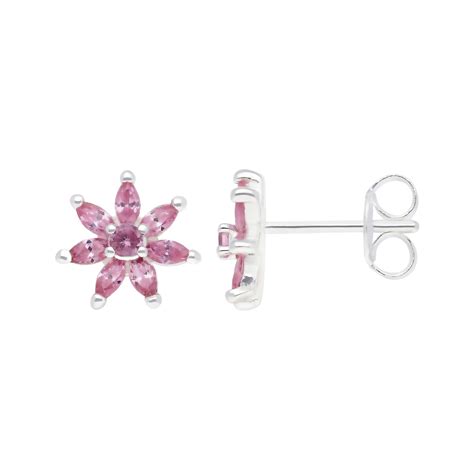 New Sterling Silver Pink Cubic Zirconia Flower Stud Earrings Silver For