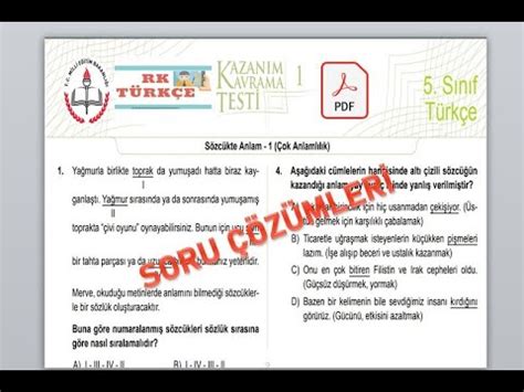 5 Sınıf Türkçe Kazanım Kavrama Testi 1 Sözcükte Anlam 1 Çok