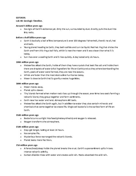 L Geologic Time Timeline For Different Important Events In The