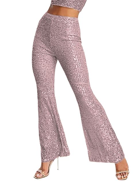 Sunisery Women S Sparkly Bell Bottom Pants High Waist Wide Leg Sequin