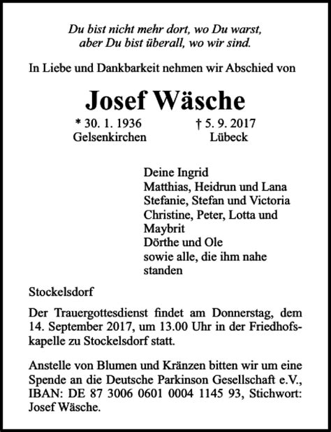 Traueranzeigen von Josef Wäsche trauer anzeigen de