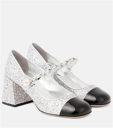 Glitter Mary Jane Pumps In Silver Miu Miu Mytheresa