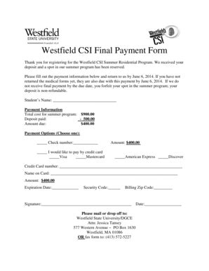 Fillable Online Westfield Ma Csi Final Payment Form Westfield State