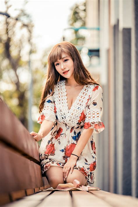 Desktop Wallpapers Brown Haired Bokeh Girls Asiatic Sit Bench Gown