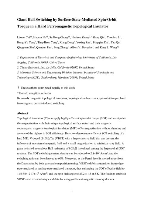 PDF Giant Hall Switching By Surface State Mediated Spin Orbit Torque