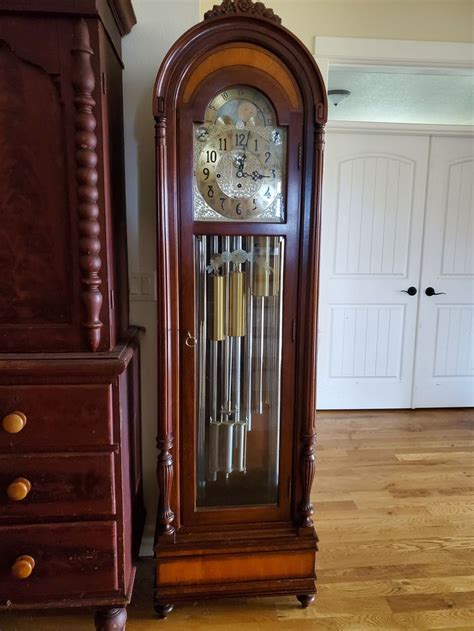 Herschede Virginian Carved Mahogany Grandfather Tubular Rare Pendulum