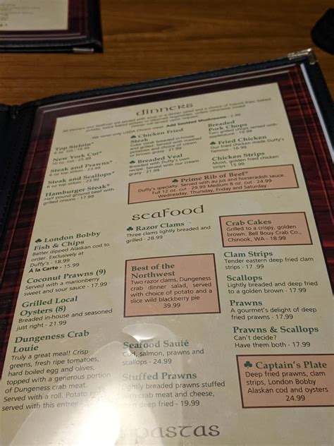 Menu at Duffy's restaurant, Aberdeen, Simpson Ave