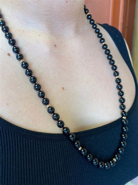 Onyx Strand Beaded Necklace With 14k Gold Beads And C Gem