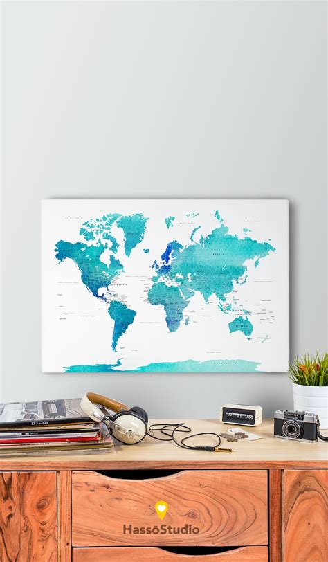 Push Pin World Map Canvas World Map Watercolor Blue Countries Etsy