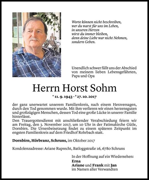 Todesanzeigen Von Horst Sohm Todesanzeigen Vorarlberger Nachrichten