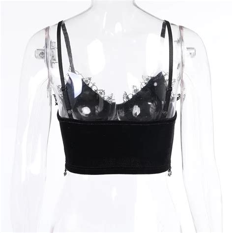 Velvet Y2K Mall Goth Crop Tops Black Lace Trim Emo Alternative